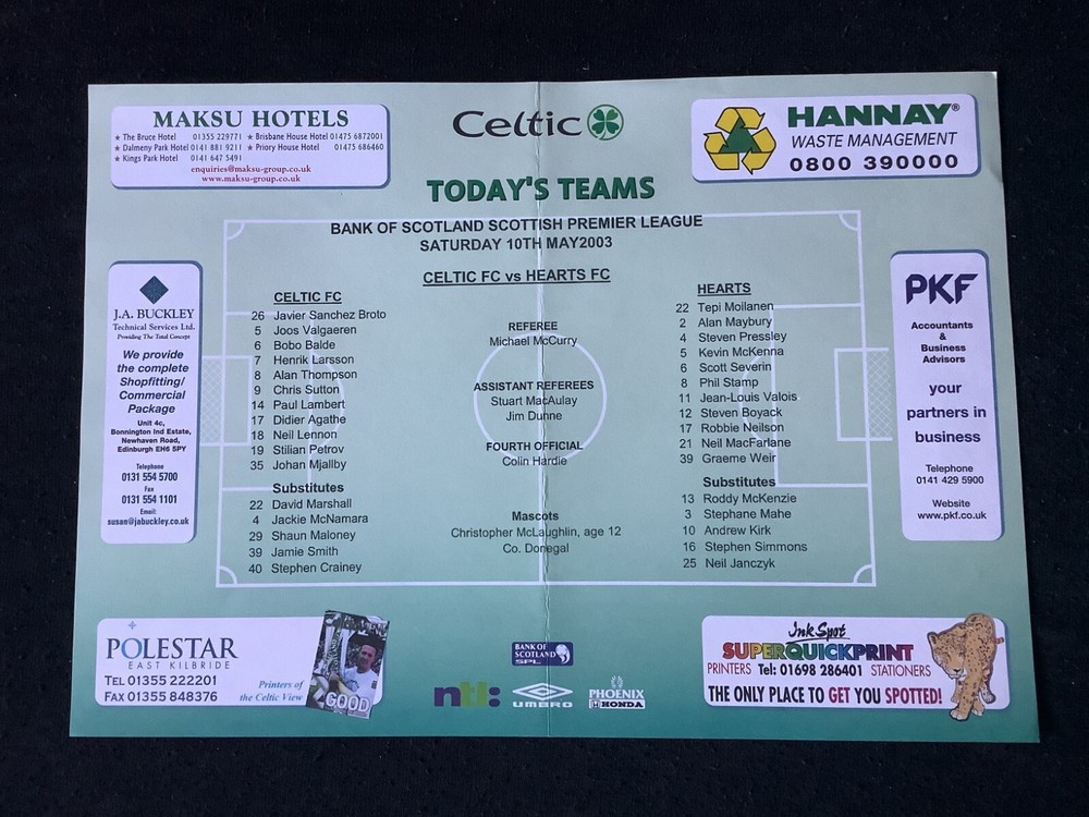 2002/3 Celtic v Hearts May teamsheet