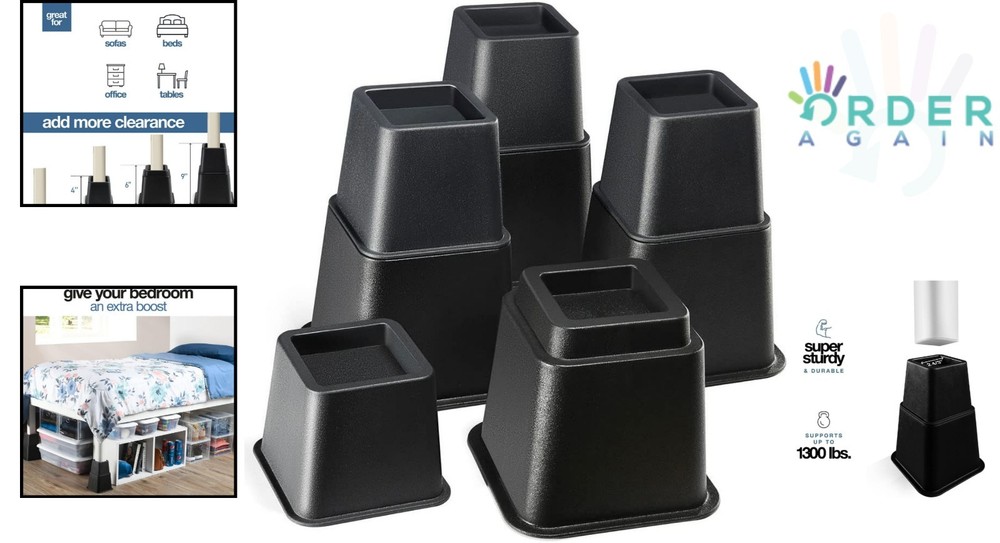 Adjustable Bed Risers Heavy Duty Stackable Supports 1300 lbs Under Bed Storage