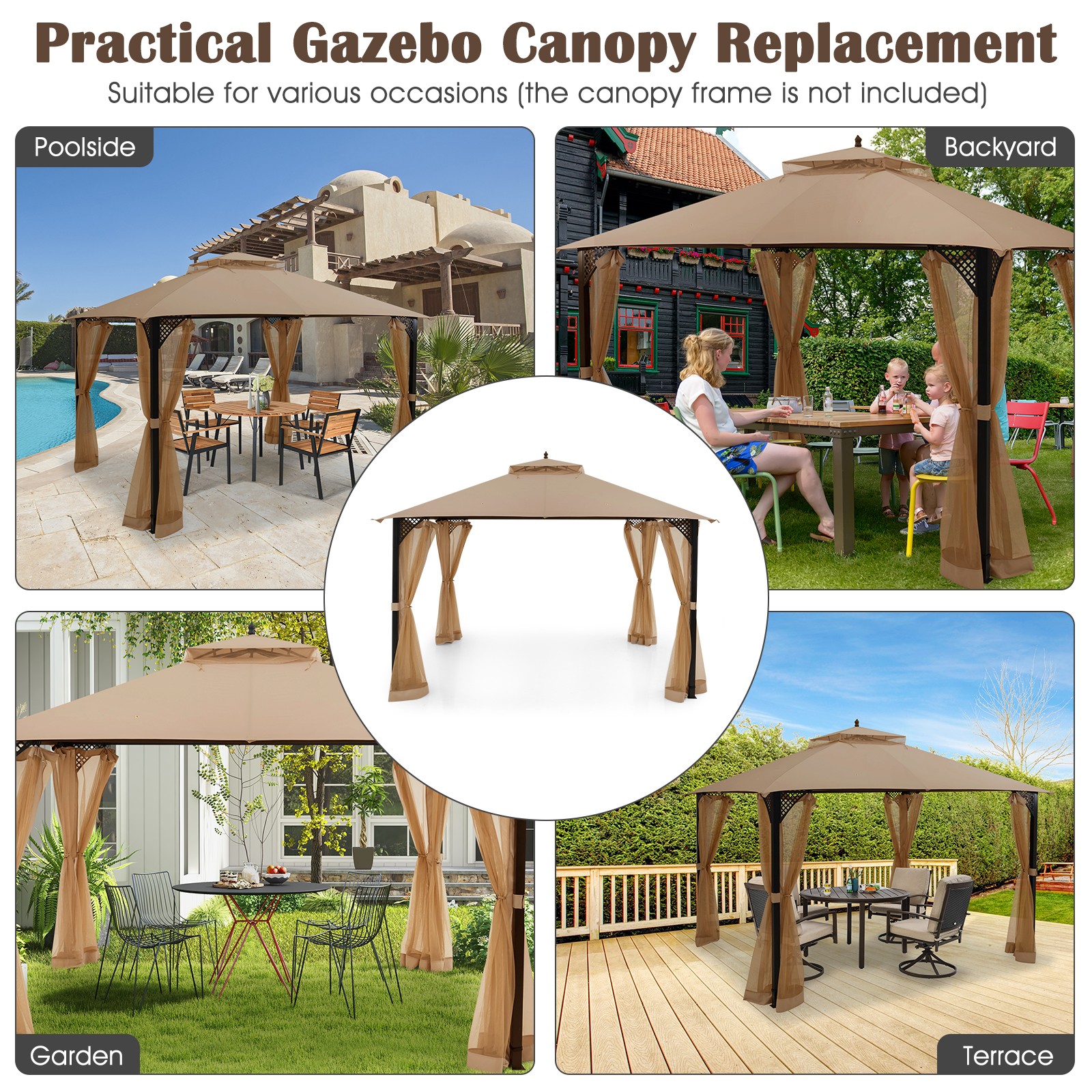 10' x 12' Patio Gazebo Replacement Top Cover 2-Tier Canopy CPAI-84 Outdoor Brown