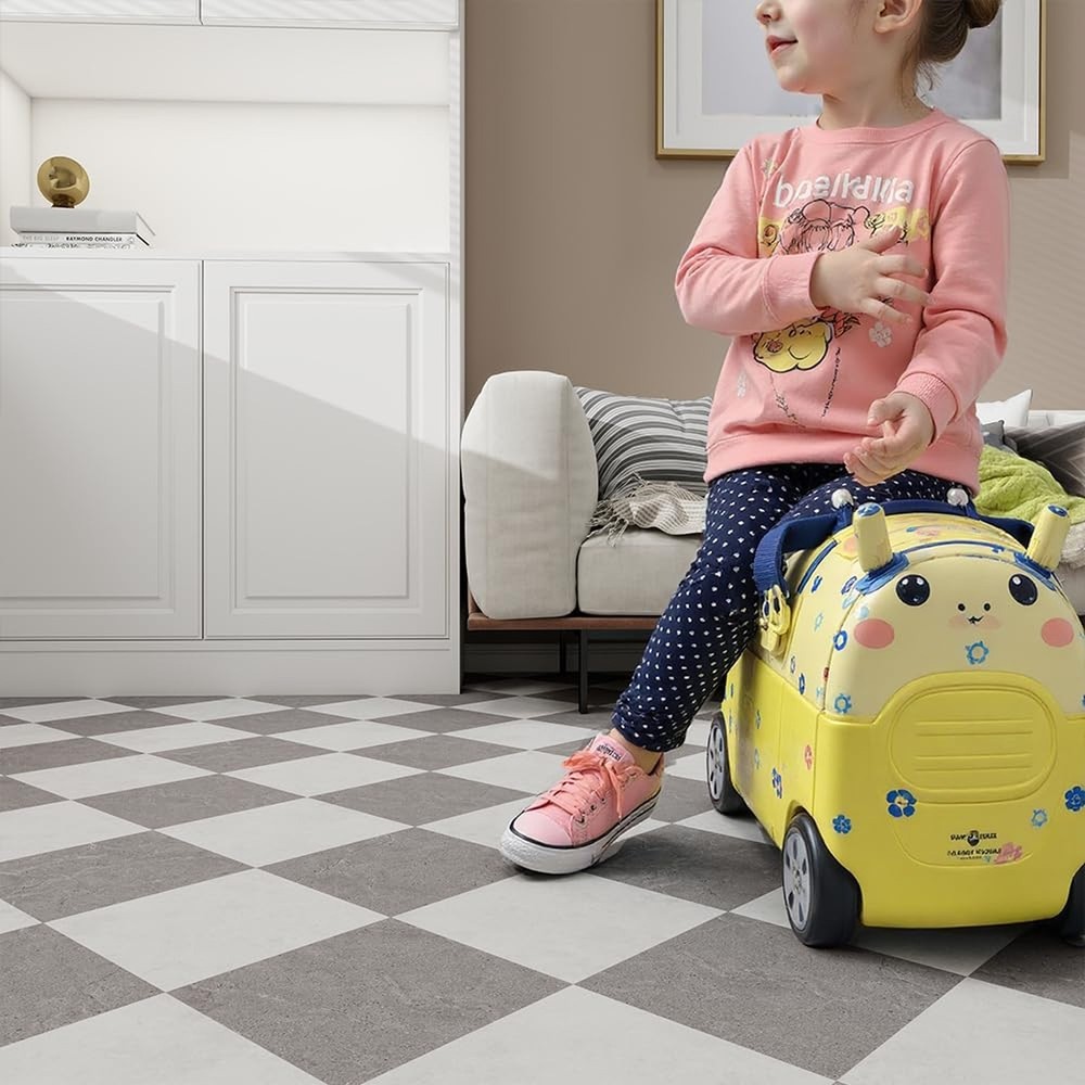 Peel and Stick Floor Tile, Grey Checkered Pattern Continuous Vinyl Roll Floor...