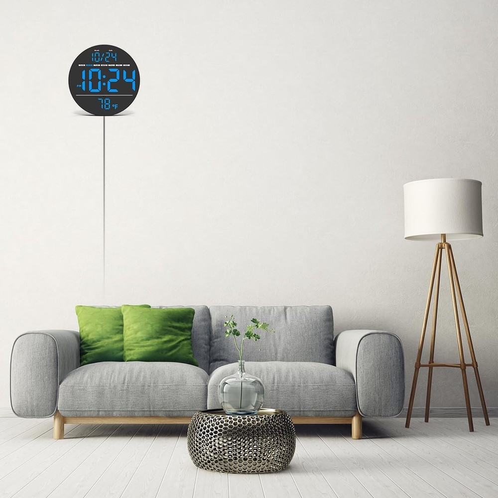 Modern Electric Wall Clock, LED Display With Date Temperature, Plug In, Blue