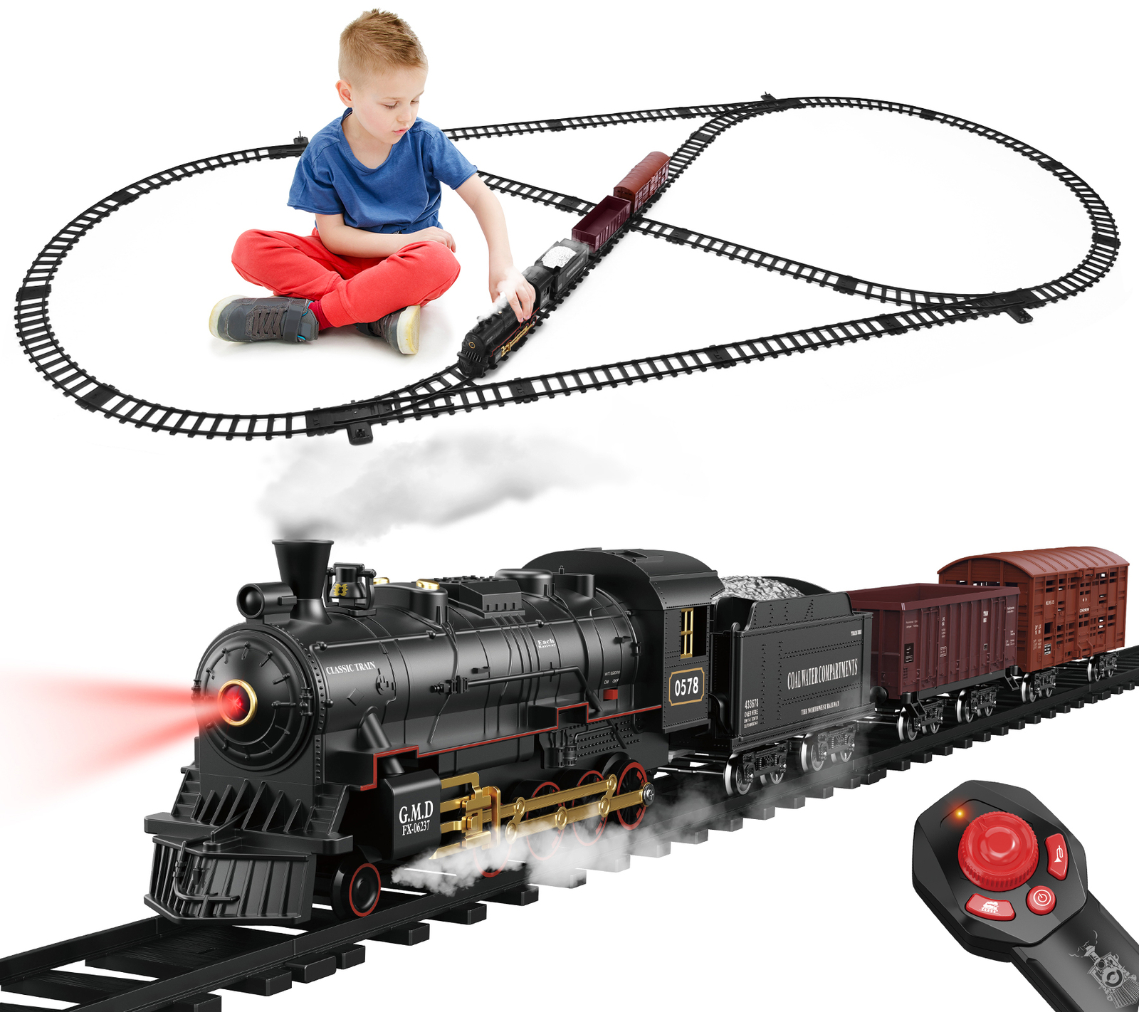 Steam Train Set Remote Control Locomotive Railroad Train RC Toy Kids Boys Gift