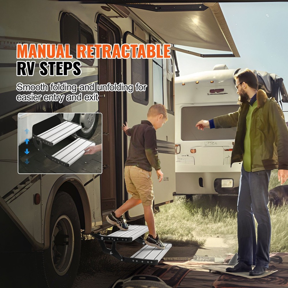 RV Steps, 2-Step, Manual Retractable RV Stairs, Foldable, 440 LBS Load Capacity,