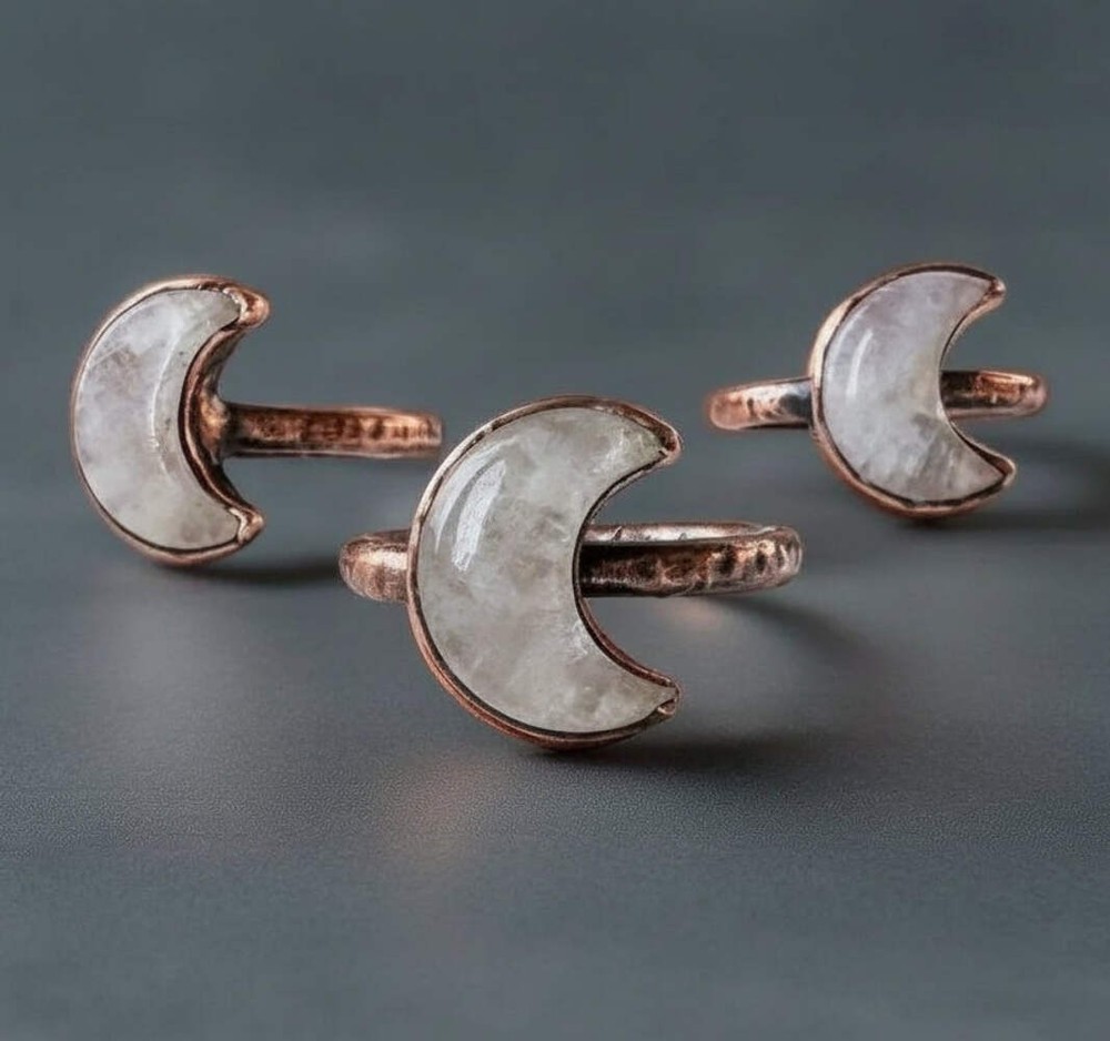 Kunzite Crystal Crescent Moon Shard Ring — Handcrafted Copper Talisman