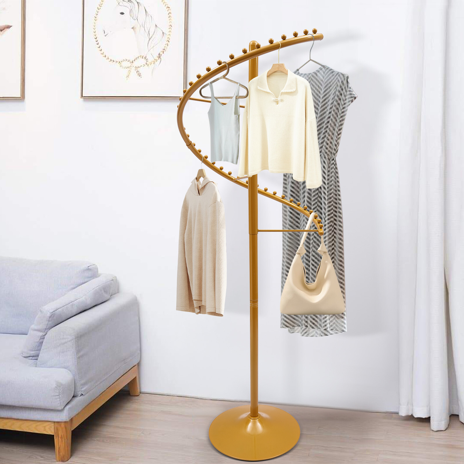 Modern Spiral Rotating Clothing Rack, Free Standing Heavy duty Garment Rack Gold