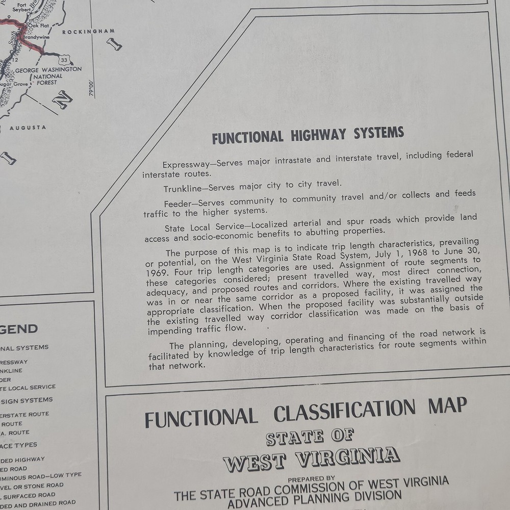 1968 West Virginia Map Functional Highway System Classification 25x22" 1 Sided