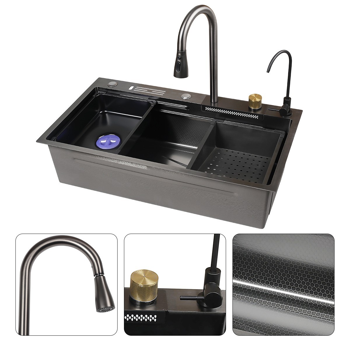 28x17 Flying Rain Stainless Steel Waterfall Kitchen Sink with Faucet Single Bowl