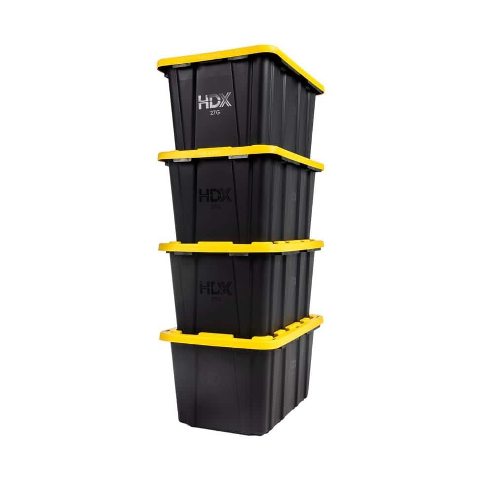 HDX 27 Gal. Tough Storage Tote 4 Pack Black Yellow Lid New