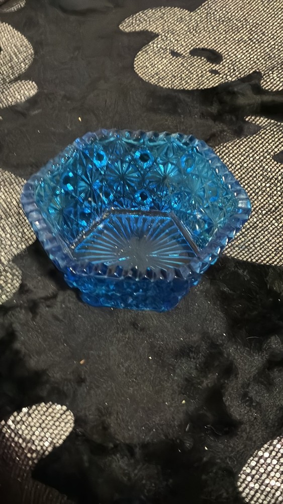 Vintage Blue Pressed Glass Daisy and Button Hexagonal Salt Cellar