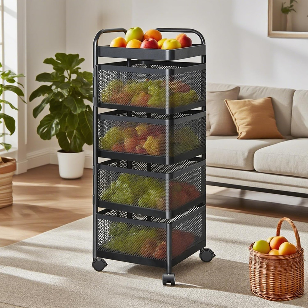 Rotating Kitchen Storage Rack, 4 Tier Rolling Cart with Fruit and Vegetable Bask