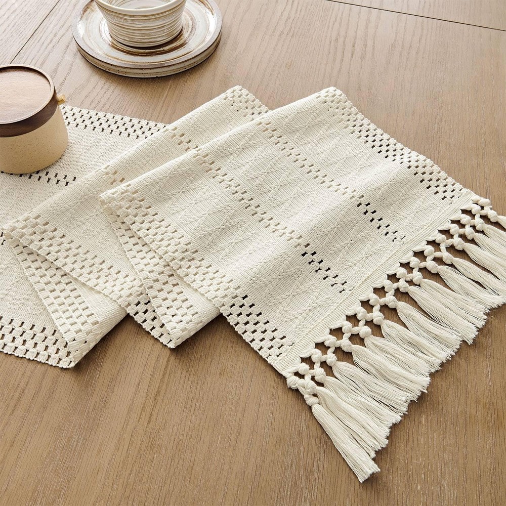 Macrame Style Boho Table Runner, Ivory Table Runners 72 Inches Long, Farmhous...