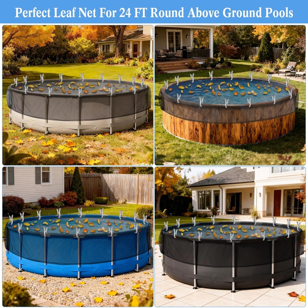 Pool Leaf Net Cover for Above Ground Pools, Round Pool Mesh Covers with 16 Pc...