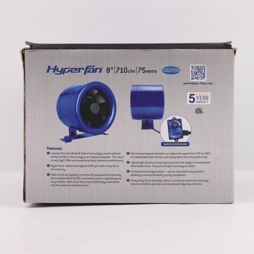 HyperFan 8" MixFlow Inline Duct Fan 75W Grow Ventilation with Controller