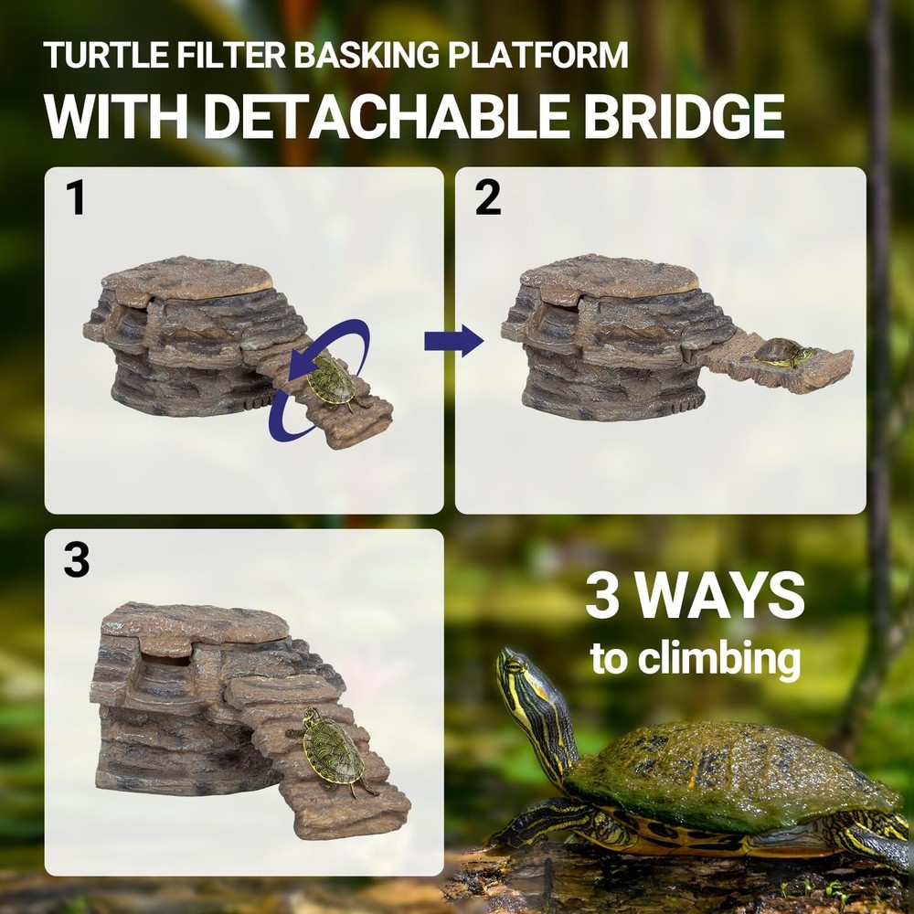 Turtle Tank Filter, 120GPH Turtle Filter Basking Platform with Detachable Bridge