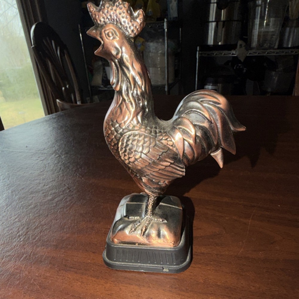 Metal Chicken Rooster Figurine Lighter Decor Copper Tone on Square Base. Crows
