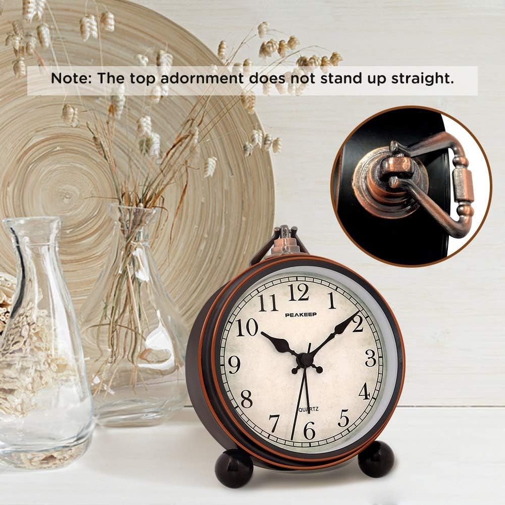 Small Antique Clock Vintage Desk Arabic Table Silent Battery Quartz with Light