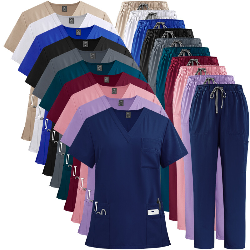Niaahinn Medical Nurse Uniform Women Men Scrub Set V-Neck Top Straight Pant