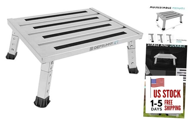 Adjustable Height Aluminum RV Step, Stable Foldable Platform Step Stool, Silver