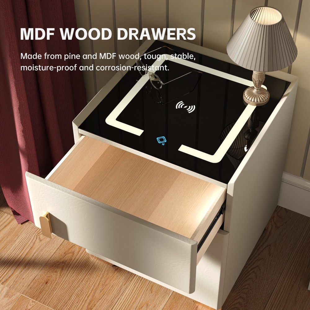 Cream White Smart Nightstand | Safe, Wireless Charging, RGB Light