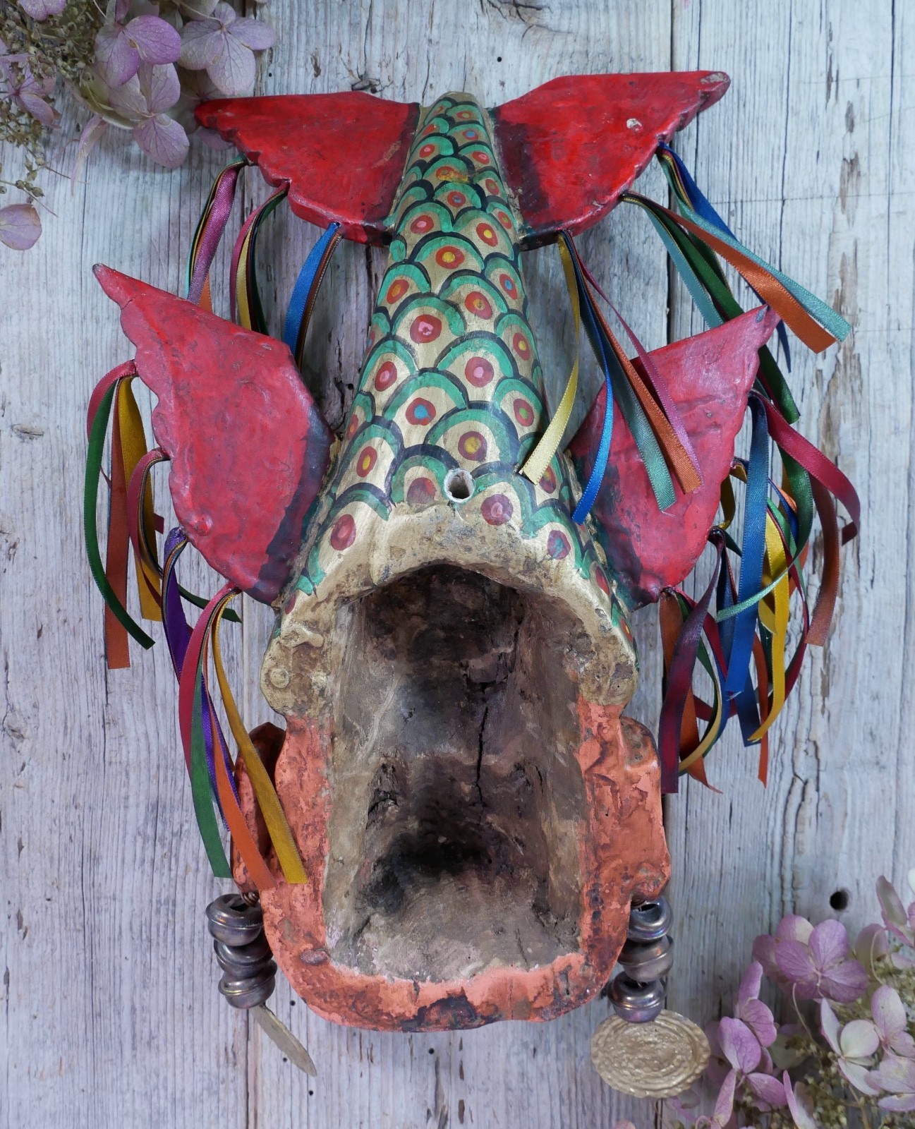 Merman Face & Fish Tail Mask Wood Hand Carved Painted Guerrero Mexican Folk Art