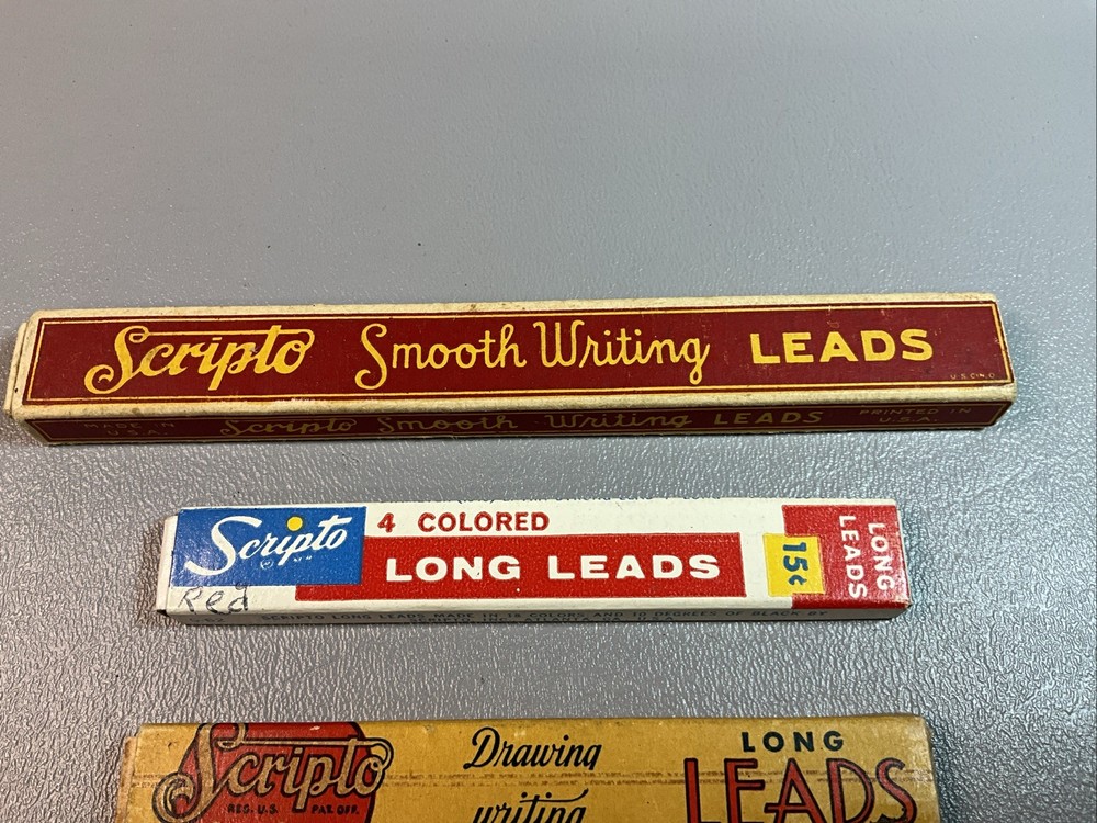 VINTAGE MECHANICAL PENCIL LEADS BY SCRIPTO, FOUR BOXES. PARTIALLY FULL. (S1194)