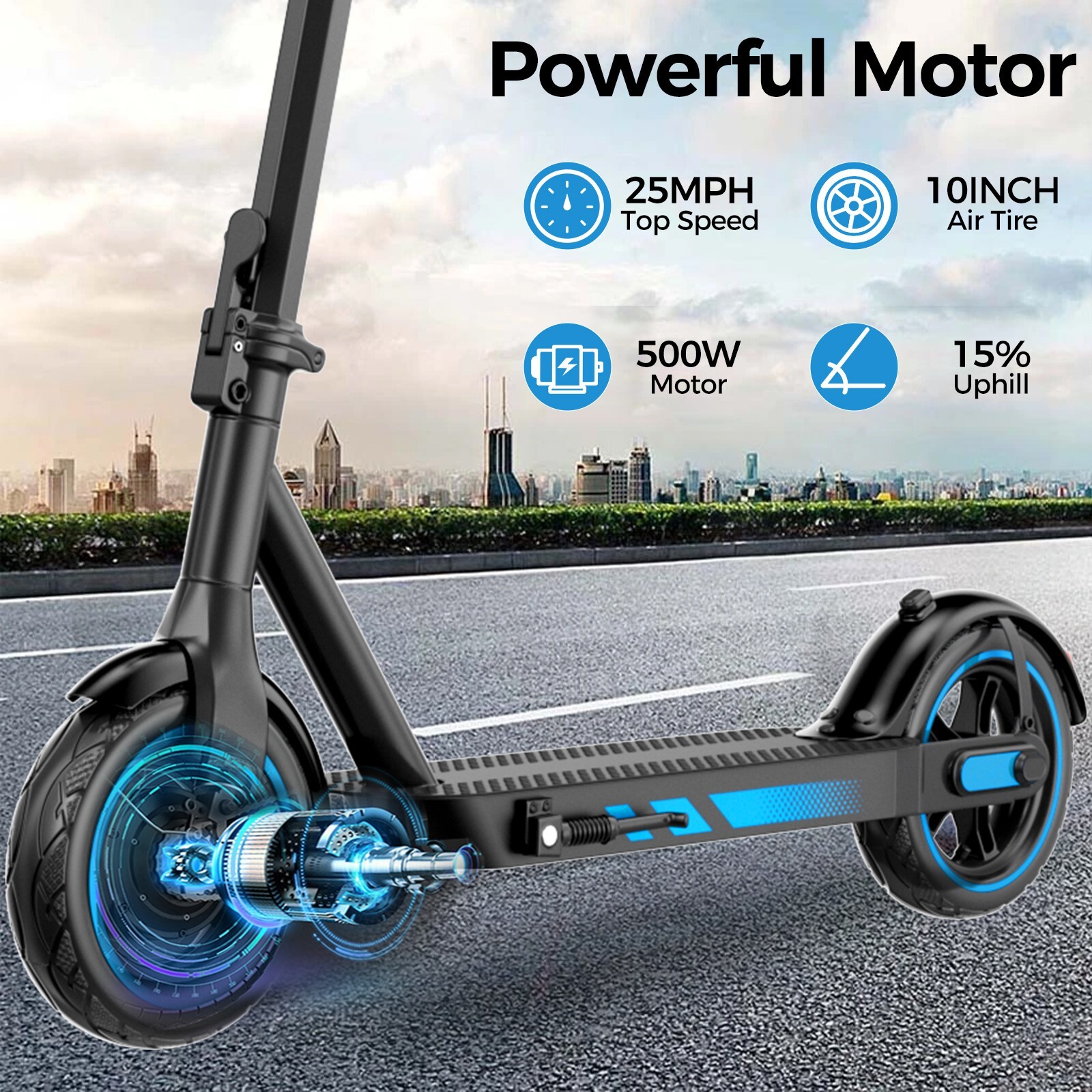 V10 Electric Scooter 500W 10''Air Tire 25MPH 22Mile Long Range Foldable 10.5AH