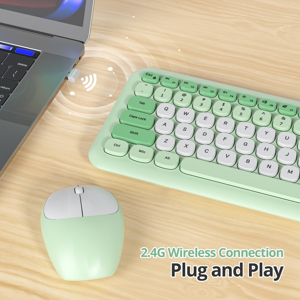 Gradient Green Wireless Keyboard and Mouse Set Retro Typewriter Full Size