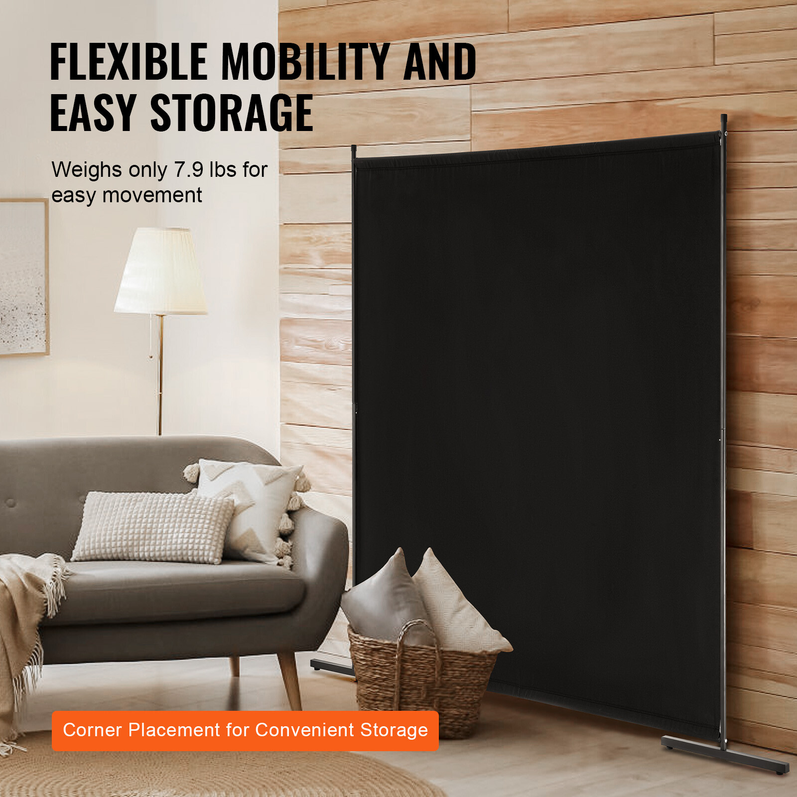 6FT Room Divider Single Panel Fabric Room Screen for Office Bedroom Black