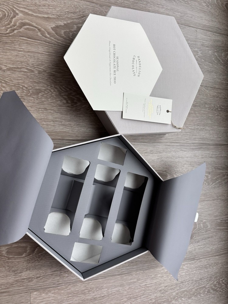 Dandelion Chocolate Hexagon Gift Box, Solid Gray White, Specialty Packaging