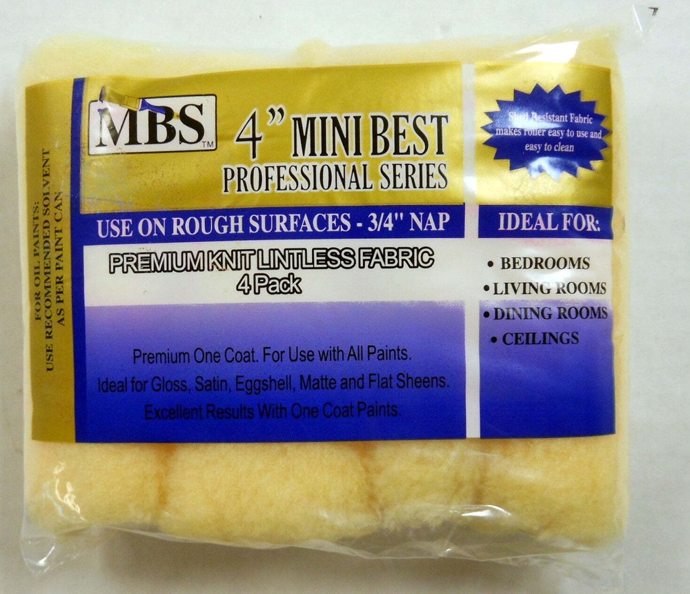MBS 4pc 4" Mini Roller Covers 3/4" Nap Professional Series Premium Polyester