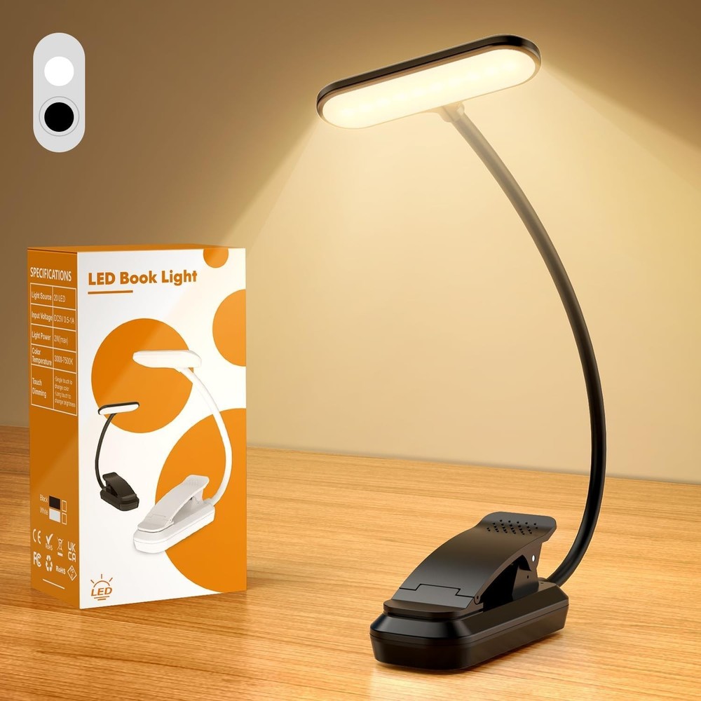 USB Rechargeable 20 LED Clip-On Book Light with Adjustable Brightness and Colors