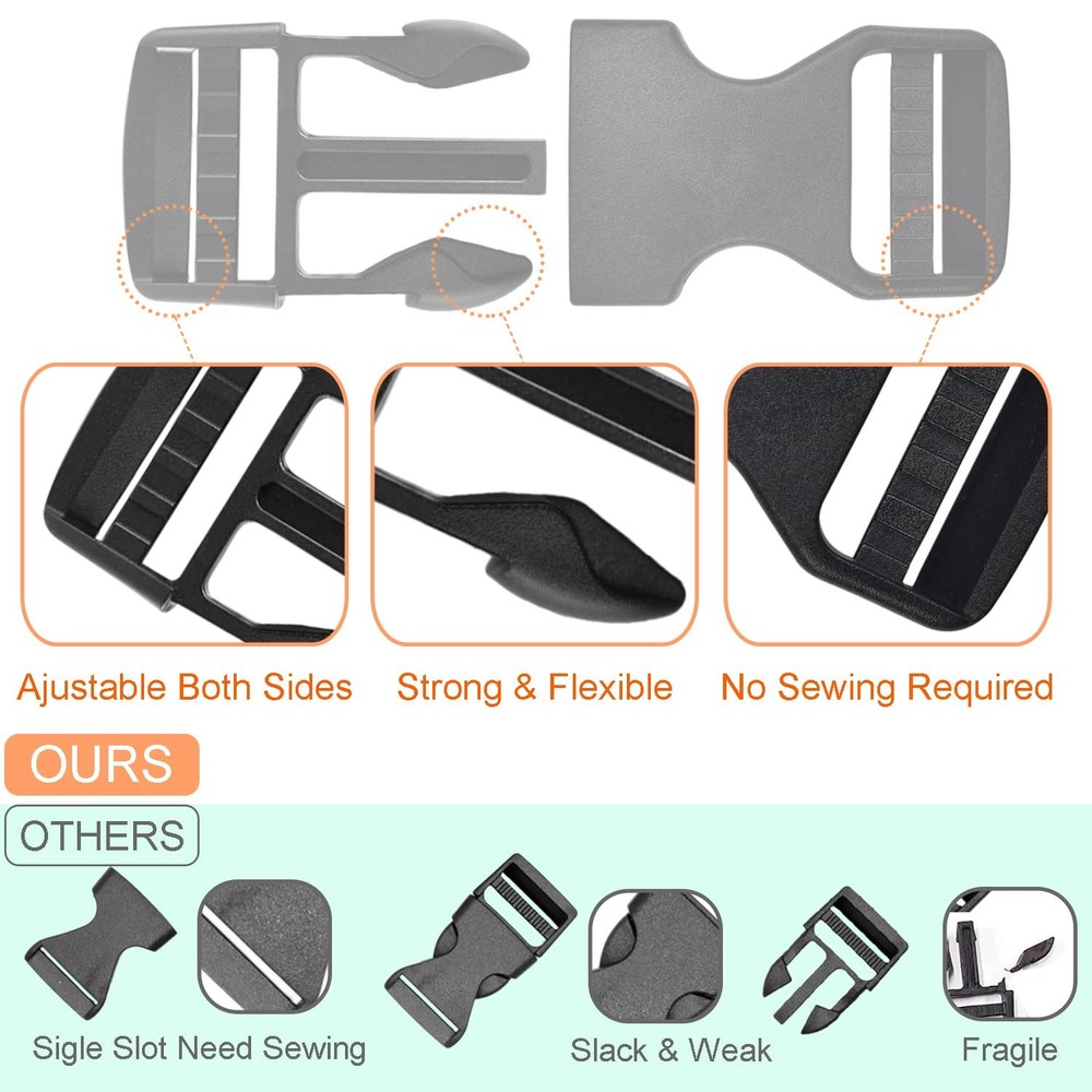 6 Pack 1" Buckle Quick Side Release Buckles Dual Adjustable No 1", Black