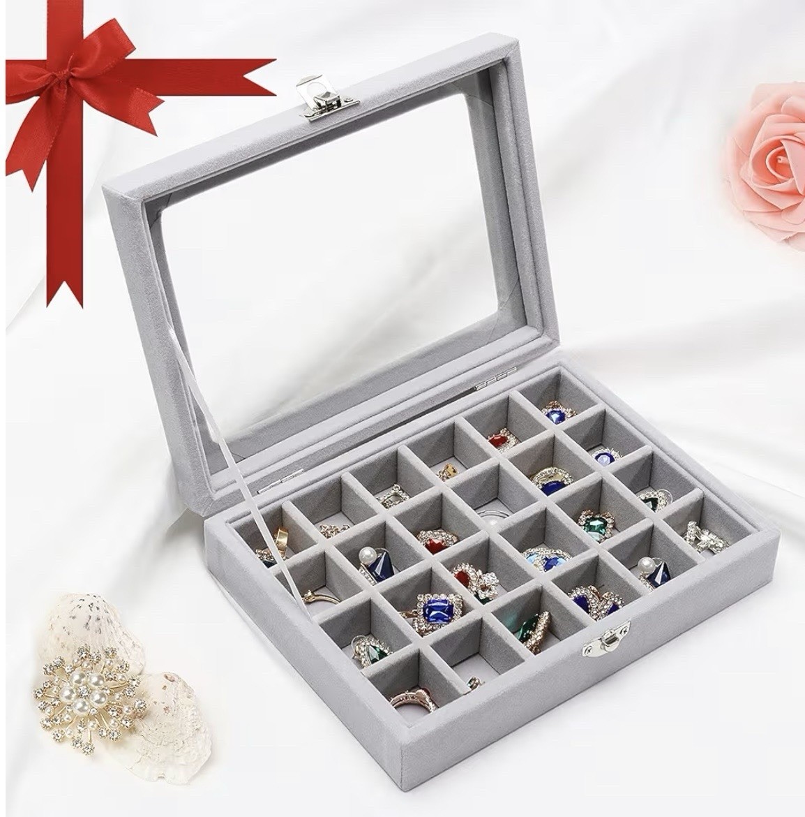 Clear Lid Velvet Jewelry Organizer Box 24 Grid, Jewelry Display Case