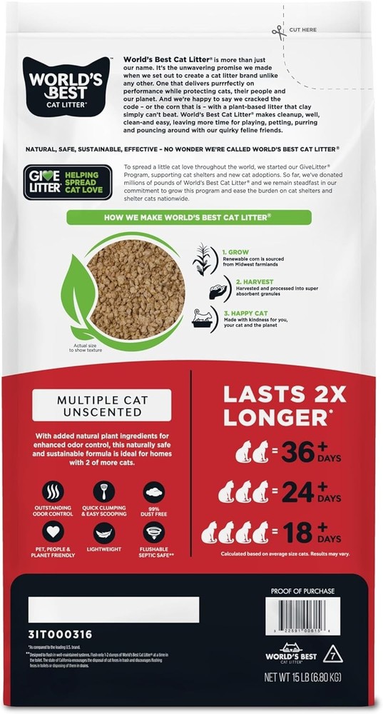 Multiple Cat Unscented 15-Pounds Natural Ingredients Quick Clumping Flushable