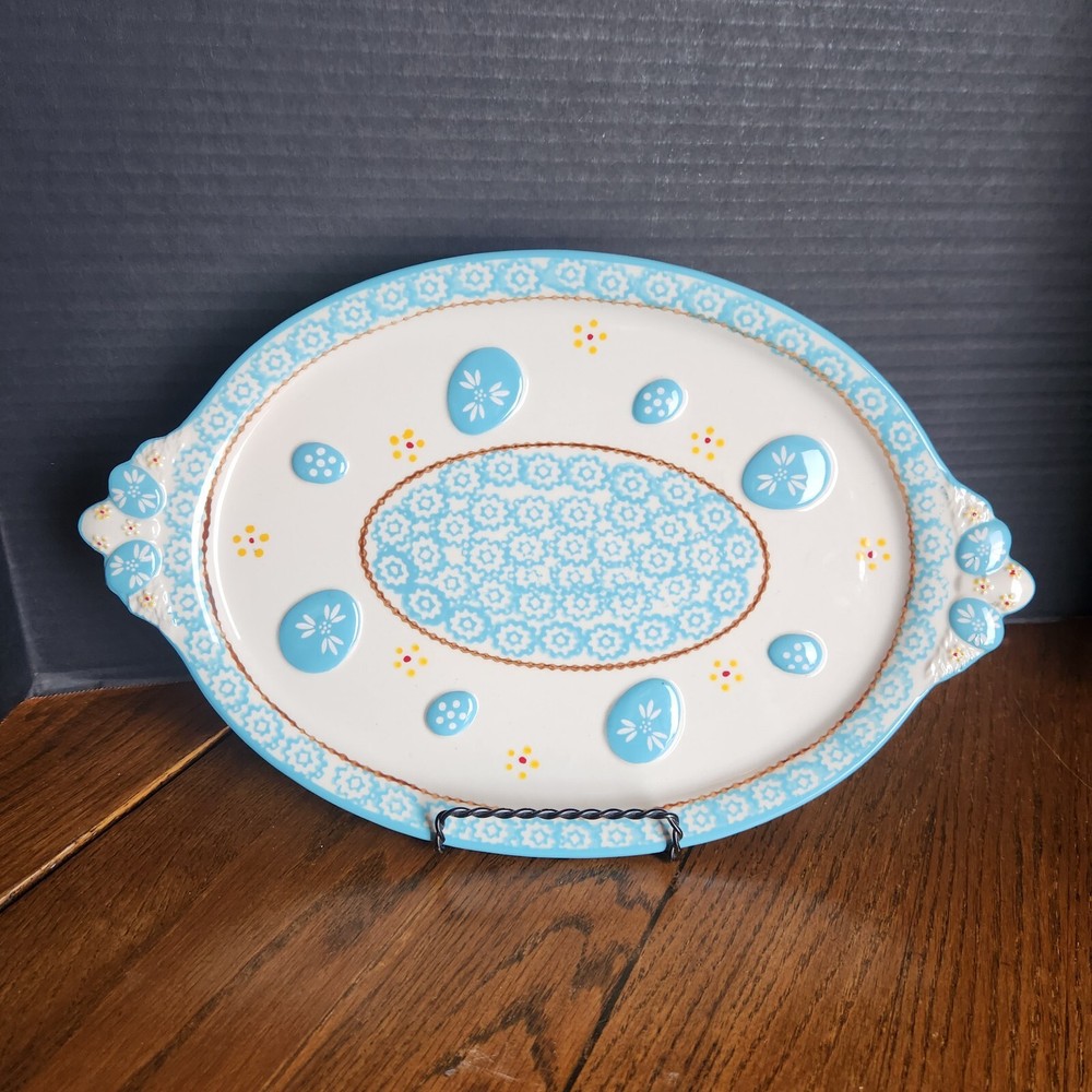 Temp-Tations 3qt Oval Casserole Lid Platter Old World Turquoise Easter Egg HTF