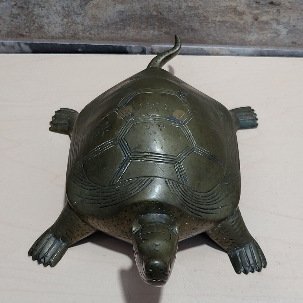 Vintage Etched Solid Brass Turtle Longevity Animal Tortoise