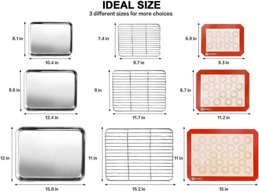 Stainless Steel Baking Sheet Tray Cooling Rack with Silicone 9pcs, Silver