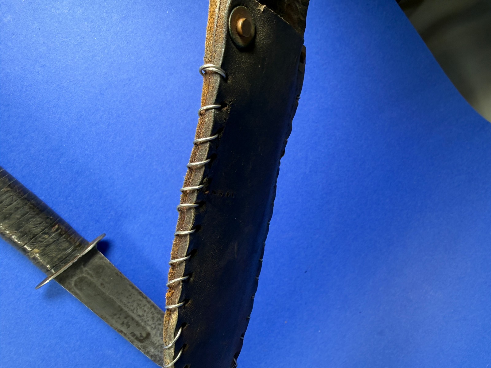 VTG WW2 ERA PERSONAL 12" FIGHTING KNIFE SANSSOUCI DR FRANCE W/ LEATHER SHEATH