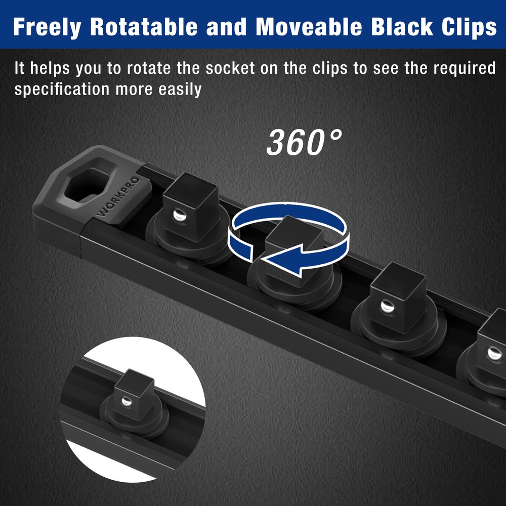WORKPRO 3/8'' Dr Magnetic Socket Organizer (no Socket)Aluminum Alloy Socket Rail