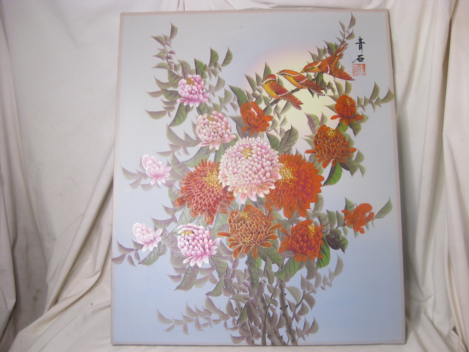 vintage Asian painting Chinese ? birds with flowers 20" x 24" original art *NOTE