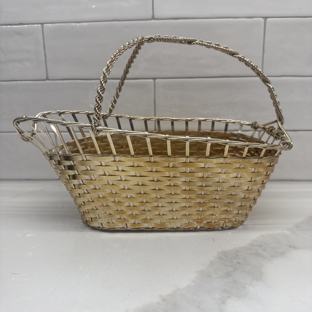 William Adams France Silverplate Wine Bottle Holder Woven Basket Vintage