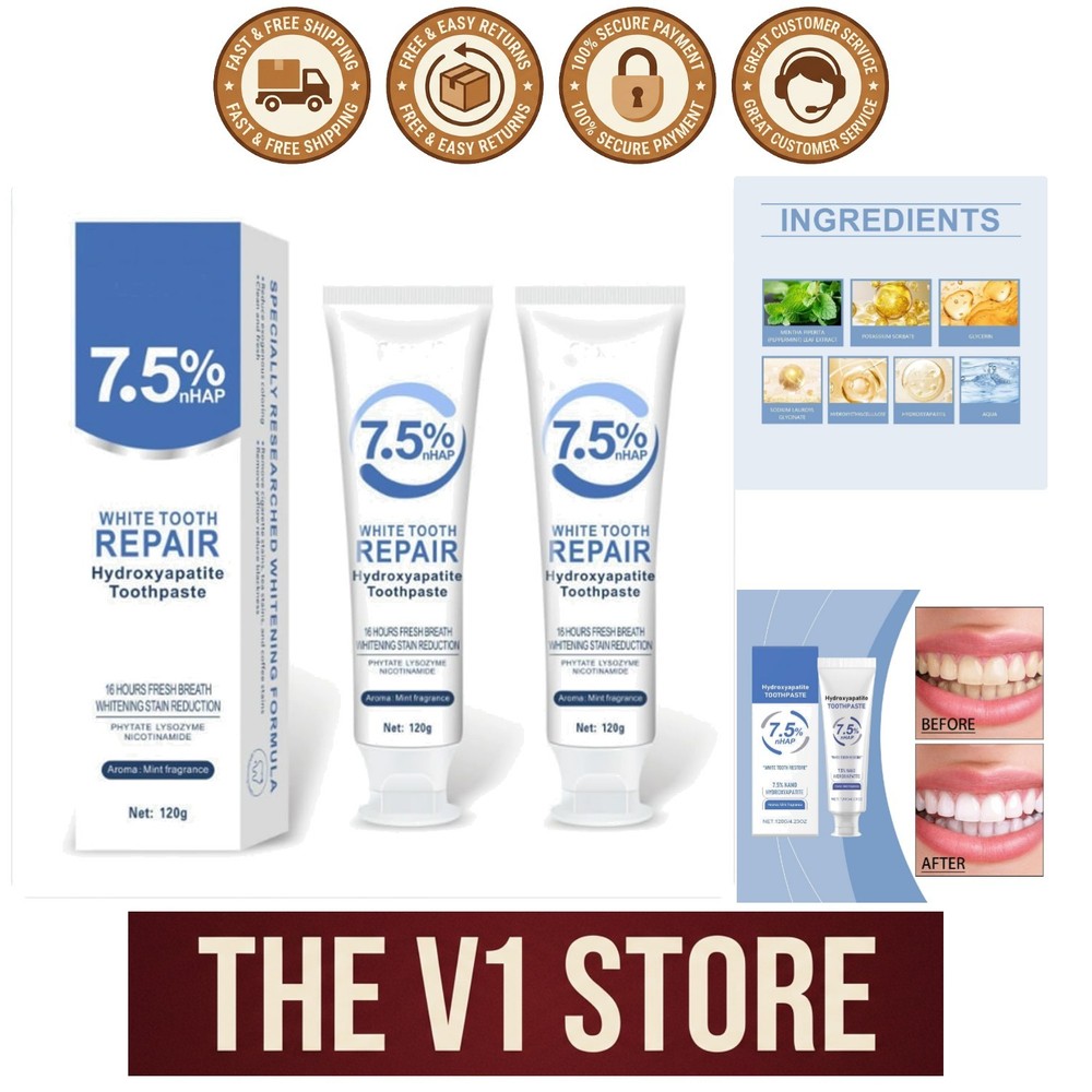 Natural Hydroxyapatite Toothpaste for Whiter Teeth & Sensitivity Relief - 2pcs