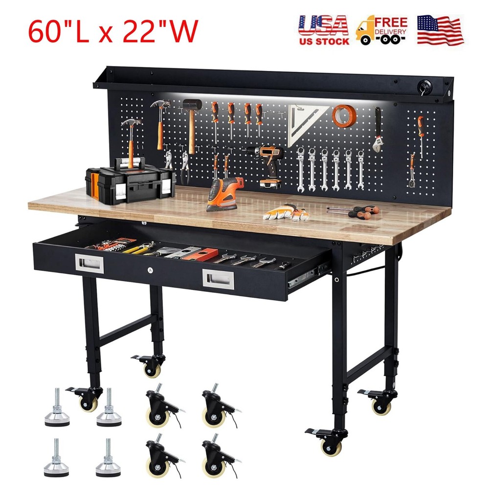 60" Adjustable Height Workbench 2000 LB Workstation W/ Drawer Storage & Pegboard