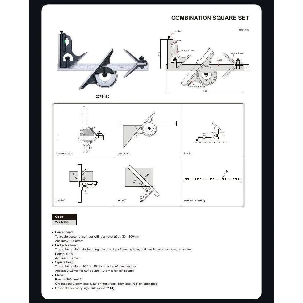 INSIZE 2278-180: Combination Square Set: Inch/Metric, Std, Center/Protract