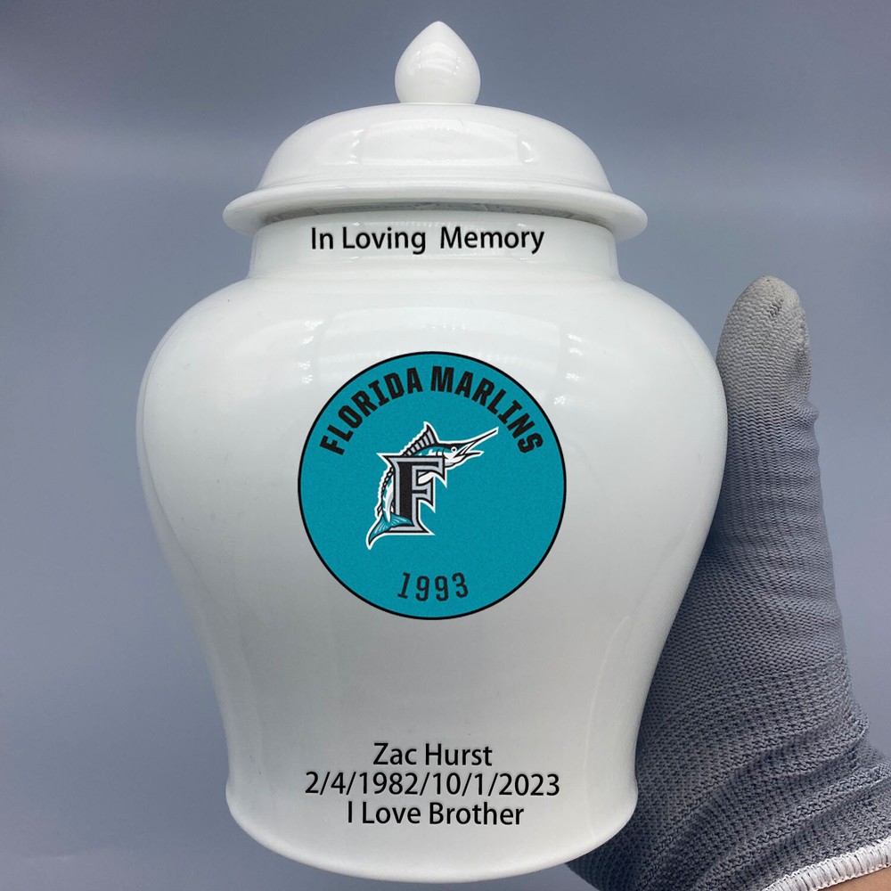 Ceramic Medium Urn for Miami Marlins Baseball Theme, Custom Text & Number