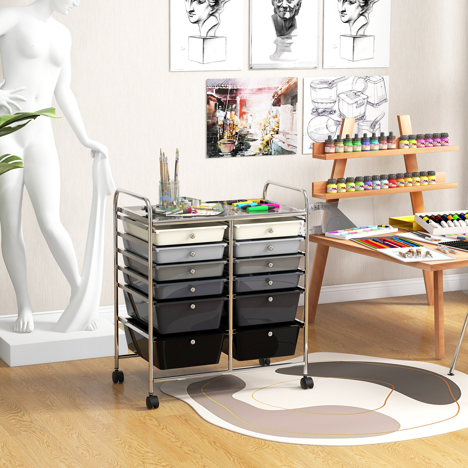 12-Drawer Rolling Storage Cart w/ 2 Sizes Plastic Drawers Gradient Grey