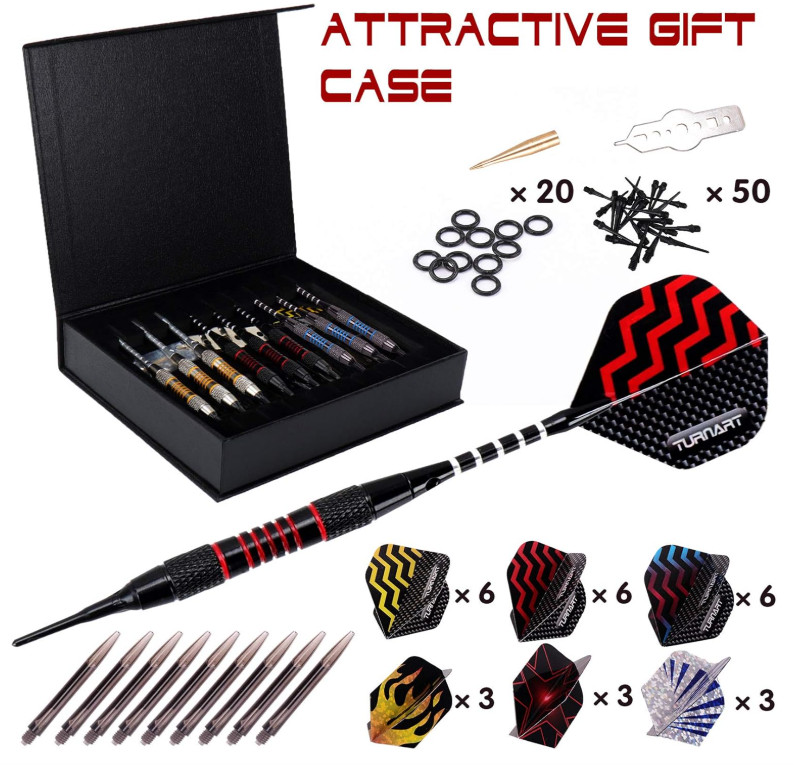 Professional Soft Tip Darts Set 9 Pcs 18g with Extra Tips, Flights & Case