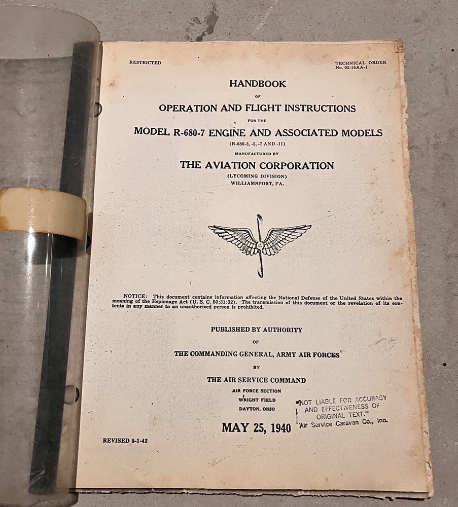 Handbook Model R-680-7 Engine Operation & Flight Instructions AAF 1940 WWII