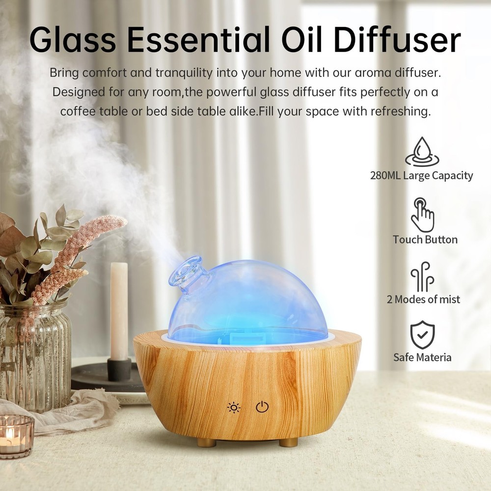 Glass Essential Oil Diffuser Wood Grain Base, 280ml Aromatherapy Diffusers Co...
