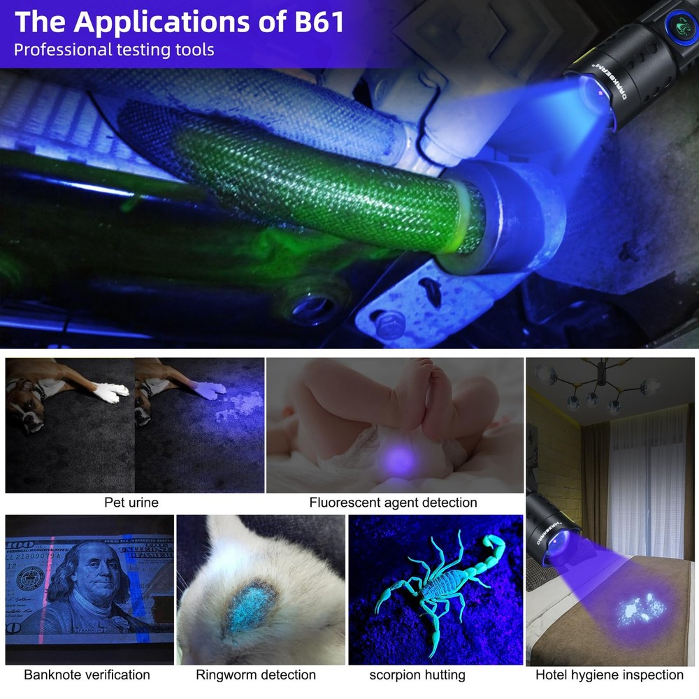 UV 365nm Flashlight Black Light LED Ultraviolet Flashlight Powerful Rechargeable